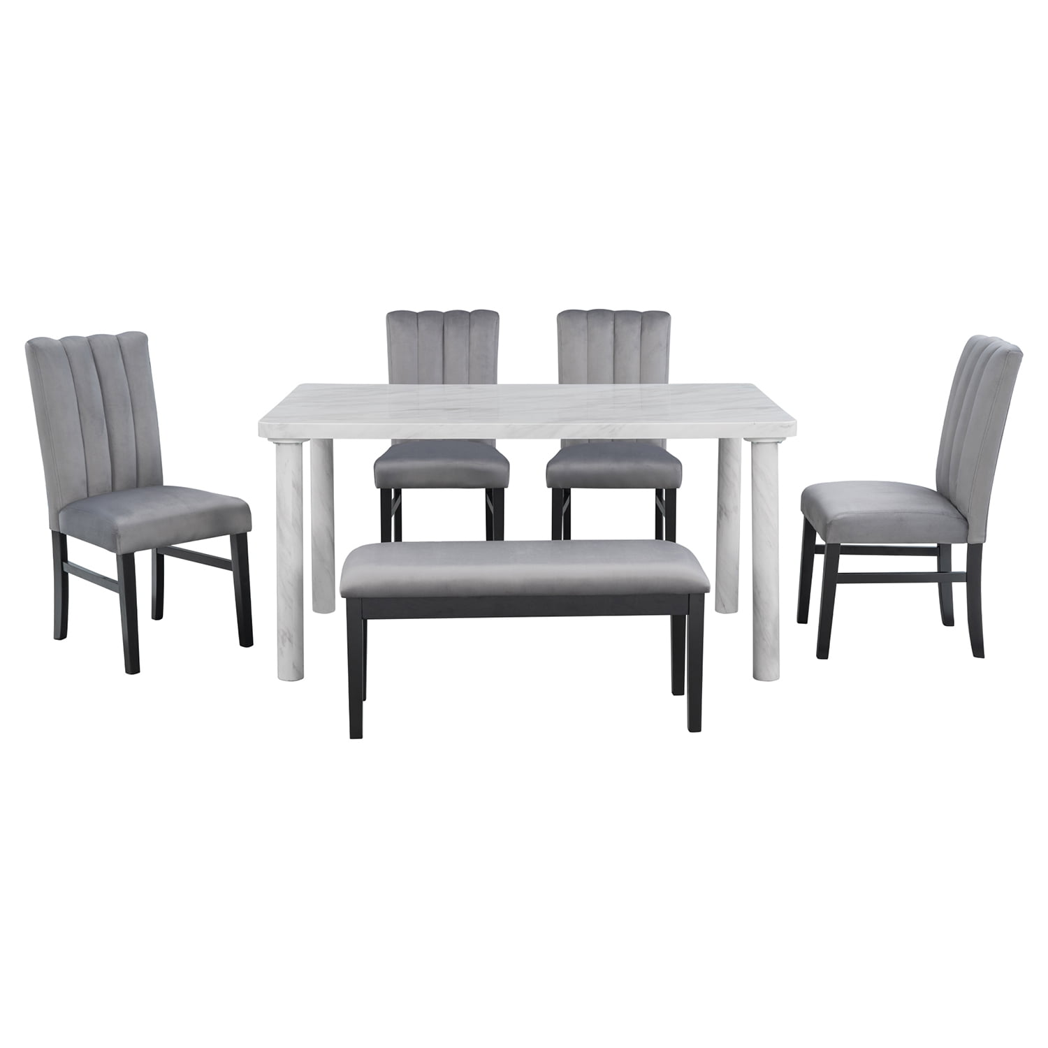 Kadyn 6-Piece Dining Table Set, Modern Home Dining Set with Marble Veneer Table and 4 Flannelette Upholstered Dining Chairs & Bench, Solid Wood Kitchen Table Set for Dining Room, White+Gray