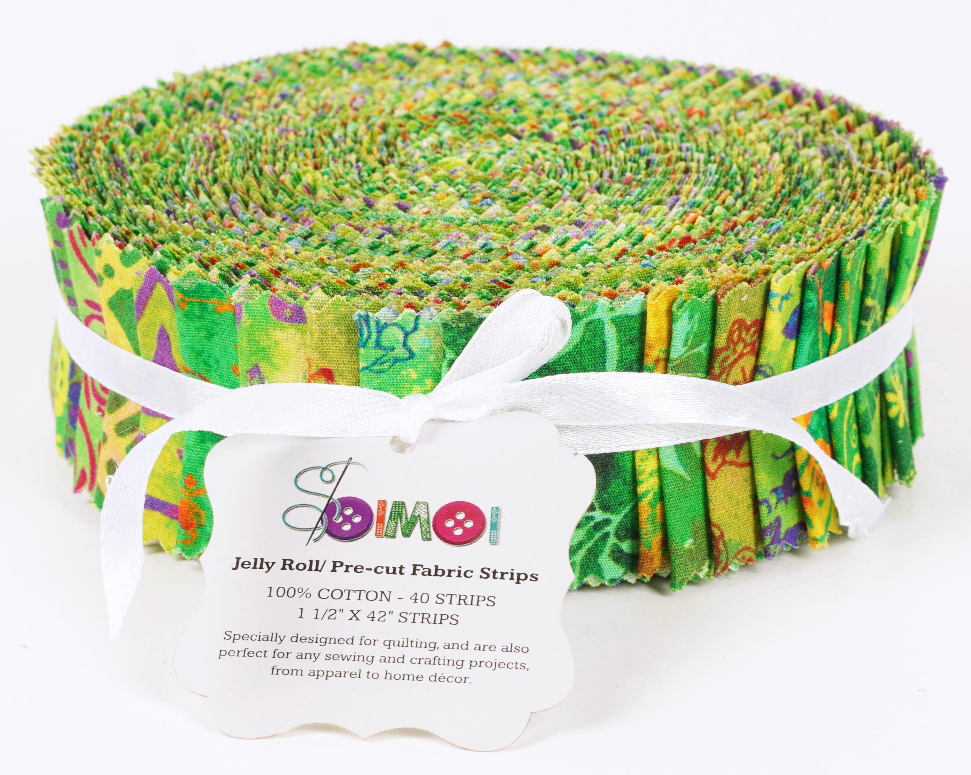 Soimoi 40Pcs Batik Print Precut Fabrics Strips Roll Up 1.5x42inches Cotton Jelly Rolls For Quilting - Green