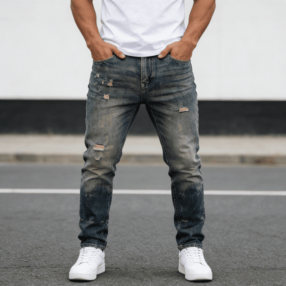Men's 100% Cotton Non-Stretch Jeans, Slim Fit Ripped Denim Pants with Ombre Fade for Modern Casual Style, Durable and Breathable