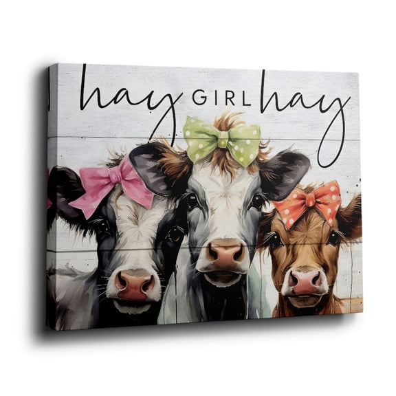 Hay Girl Hay Bow Cow Canvas Wall Art (Playful Farm Tone) Ready to Hang for Kitchen