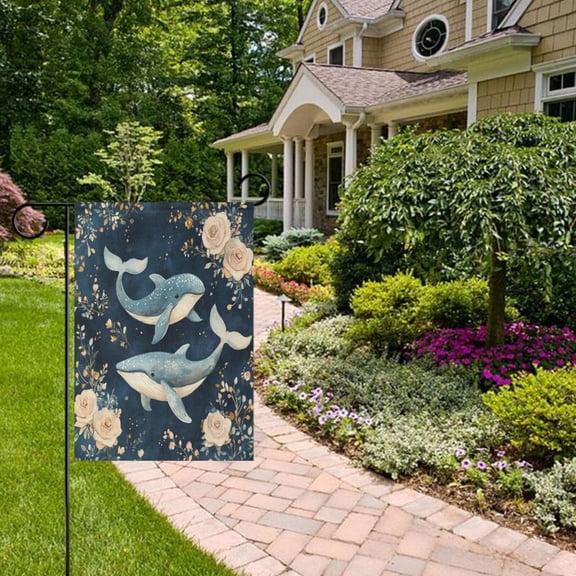 Floral Whales Foses Garden Flag Double Sided 12 x 18 Inch Outside Yard Decoration Outdoor Flag