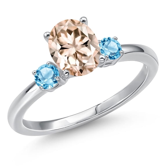 Gem Stone King 14K White Gold Peach Morganite and Swiss Blue Topaz Engagement Ring for Women | 1.30 Cttw | Oval 8X6MM | Gemstone October Birthstone | Size 6