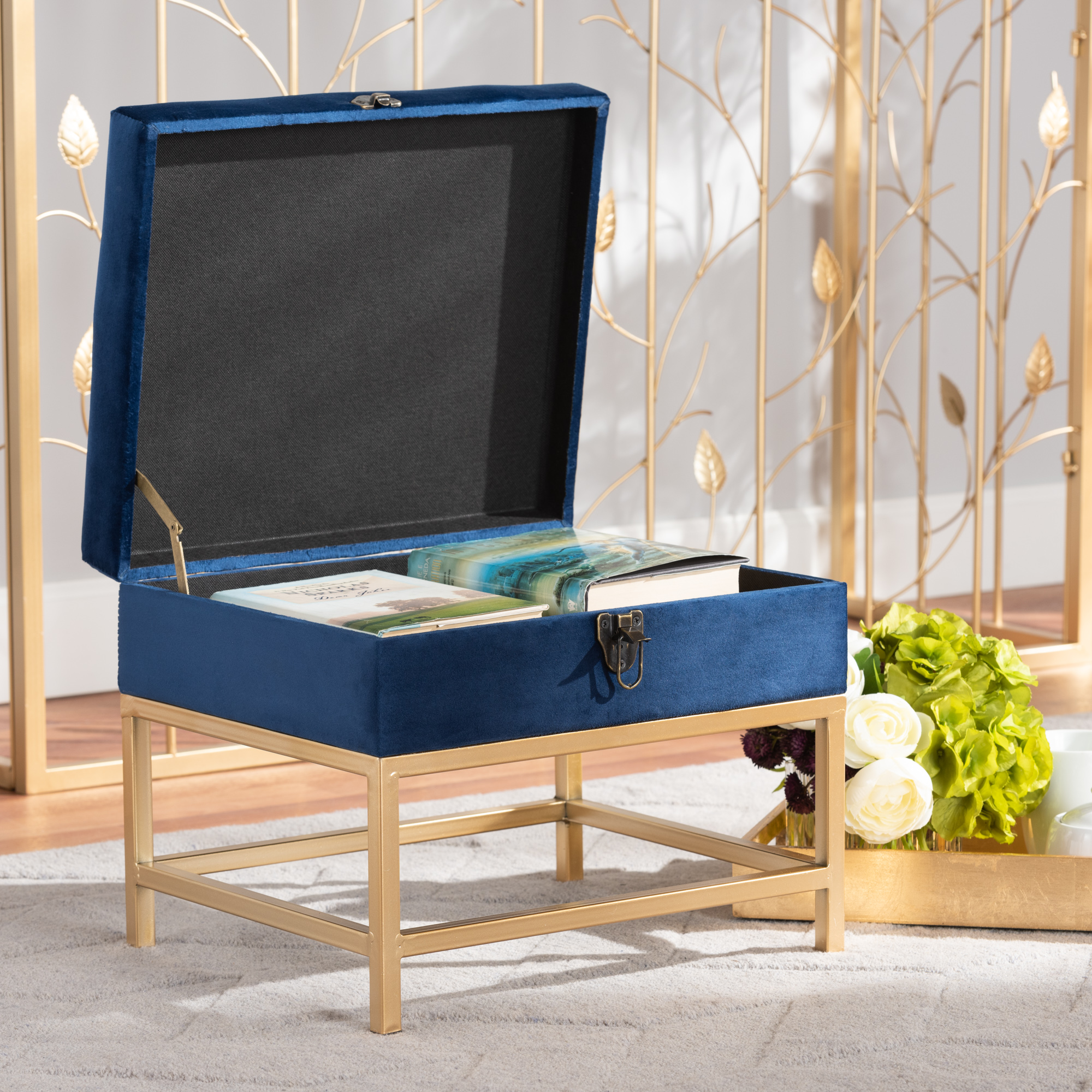 Baxton Studio Aliana Glam and Luxe Navy Blue Velvet Fabric Upholstered and Gold Finished Metal Small Storage Ottoman