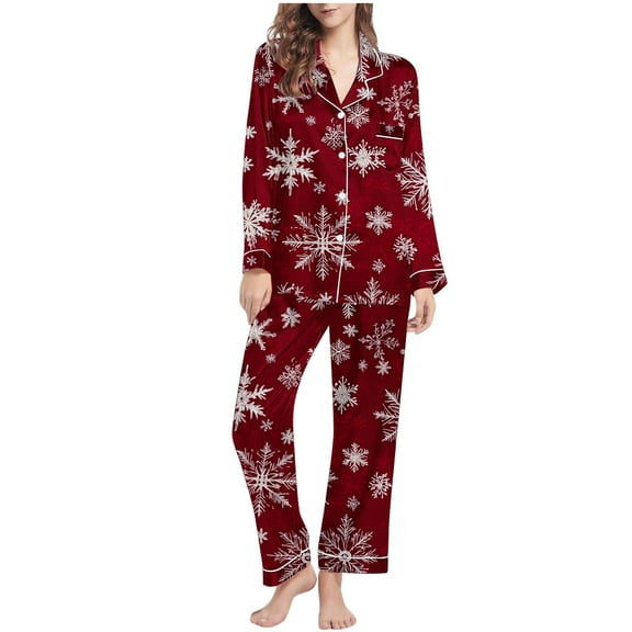 Lorytime Christmas Vacation Pjs Sets for Women Snowflakes Long Sleeved Collared Tops Elastic Waist Pants Soft Loungewear