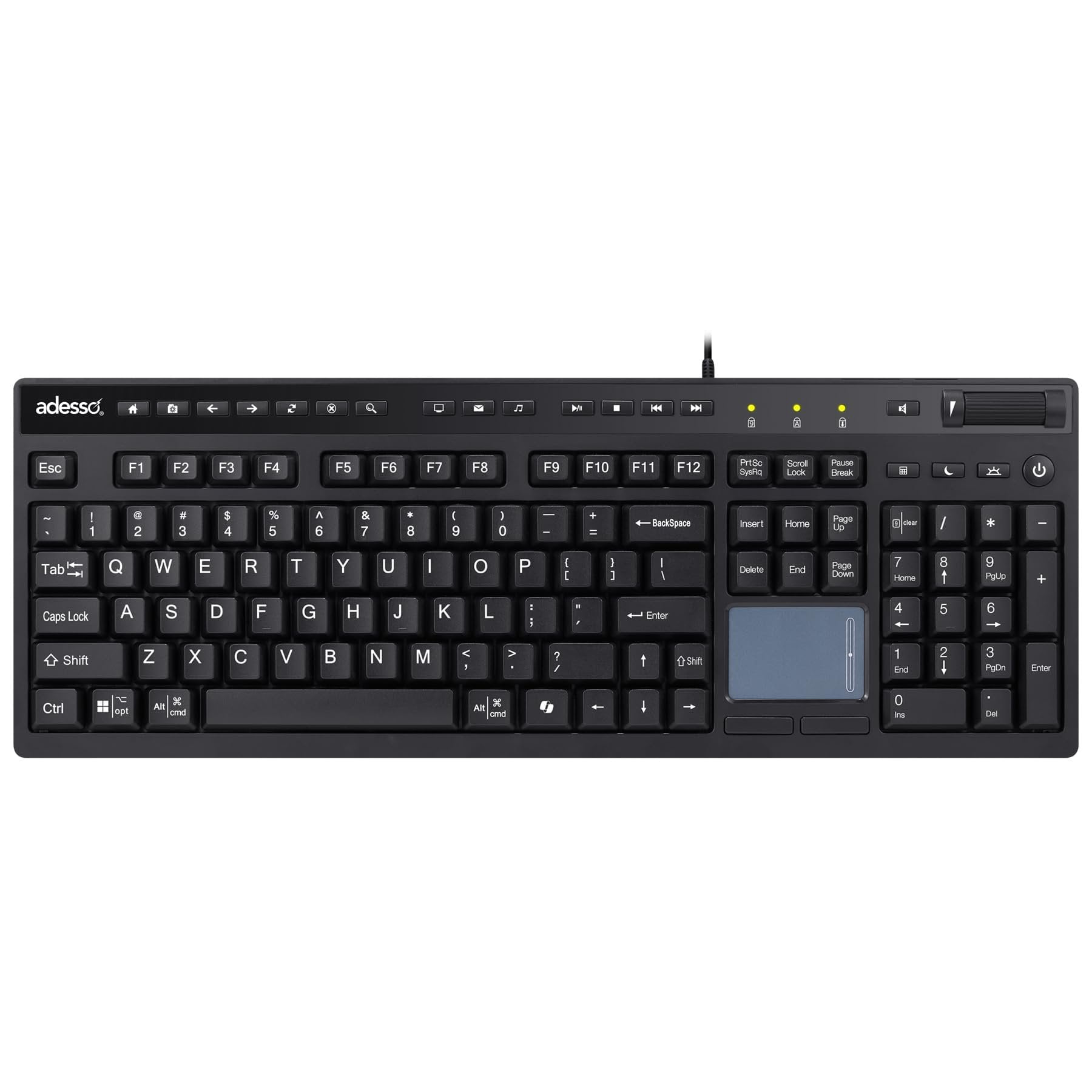 Adesso AKB-445UB Wired Touchpad Keyboard with Multi-OS Compatibility Built-in Touchpad; Multimedia and Internet Hotkeys; 104-Key US Layout; Copilot AI Hotkey for Windows/Mac/Android OS