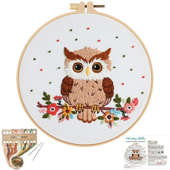 VOCHIC Owl Embroidery Kits for Beginners with floral pattern,Adults Starter Cross Stitch Kit DIY Needlepoint Kits