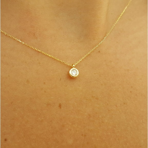 Diamond Solitaire Bezel Necklace - Solid 18k Gold Layered Necklace Set - Dainty Handmade April Birthstone Jewelry