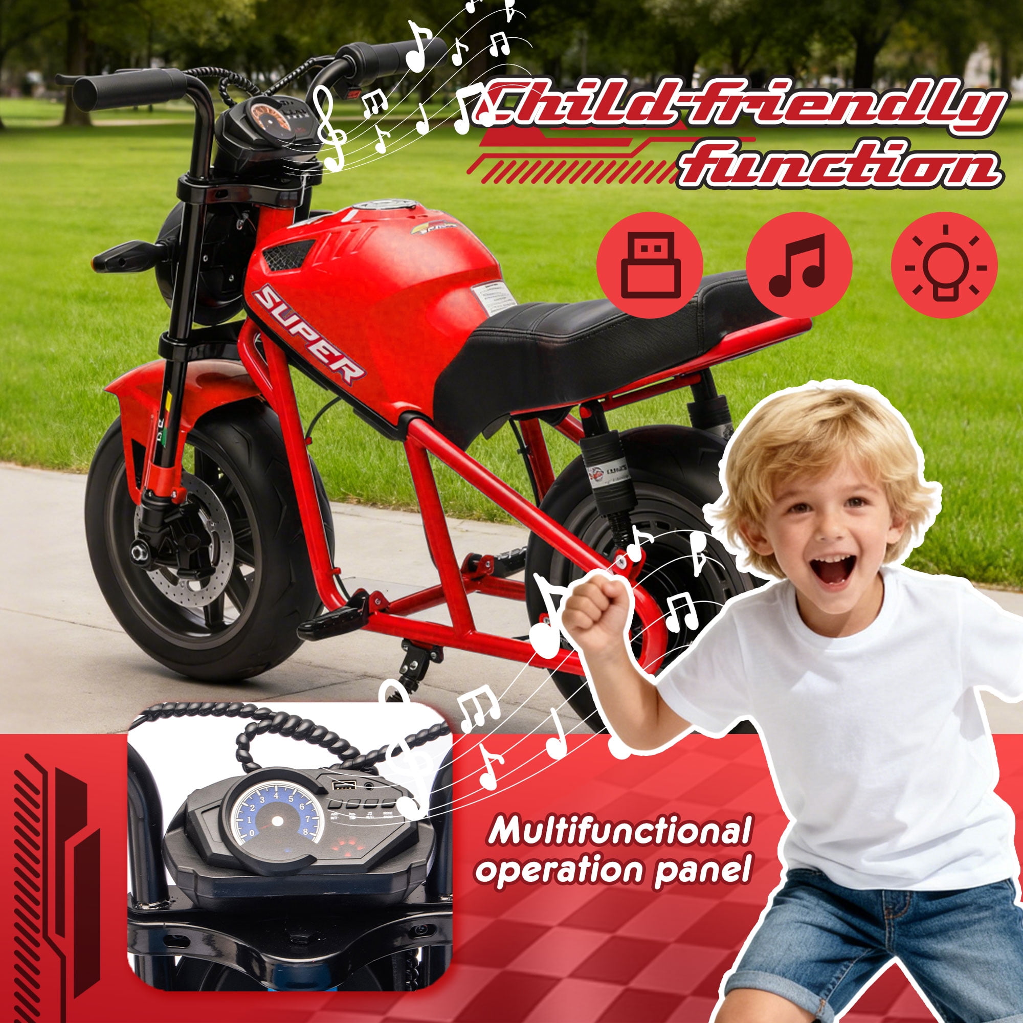 24V 9AH Electric Dirt Bike, 12 MPH & 110lb Max, 350W Ride On Toy for Big Kids w/14in EVA Wheels & Metal Frame, Twist Grip Throttle, Dual Suspension, Music, Light, Kids Motorcycle for Kids 6+, Red