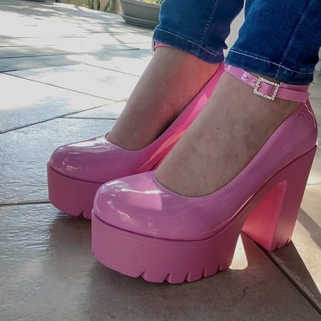 

Women‘s PU Leather Platform Chunky Heeled Pumps Solid Color Ankle Strap Sandals Sexy Party Dress Shoes