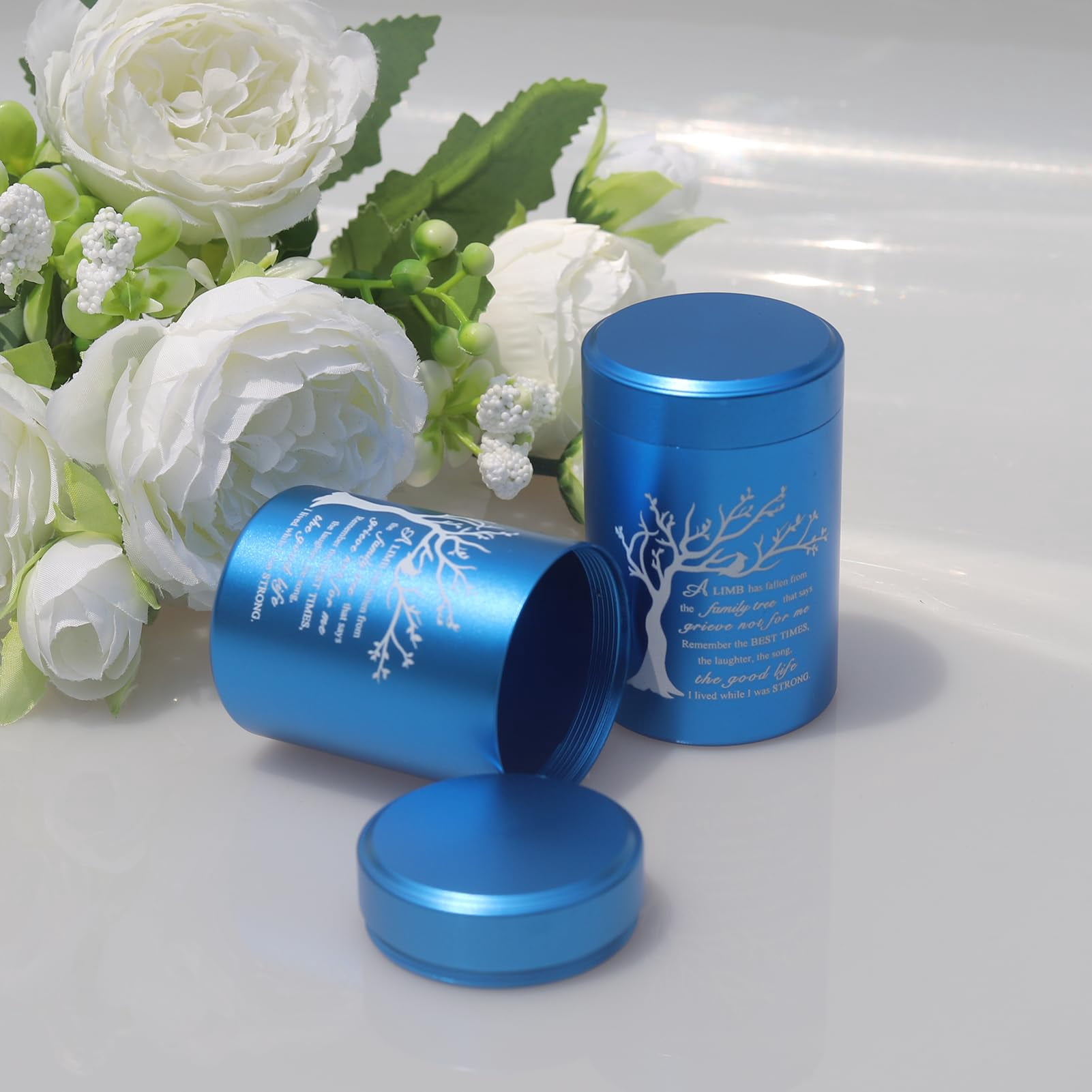 Small Urns for Ashes - Set of 4，2.7 inch High Quality Aluminium Mini Urns, Cremation Urns for Human/Pet Ashes, Ashes Holder, Small Keepsake urns--A LIMB has fallen from the family tree, Blue
