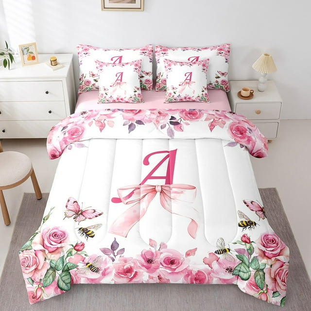 Erosebridal Ensemble de Literie 7 Pcs pour Lit Simple, Ensemble de Couette pour Enfants avec Lettre Initiale, Ensemble de Lit Alphabet Réversible à Nœud, Couette A-Z avec Ensemble de Draps, Toutes Saisons