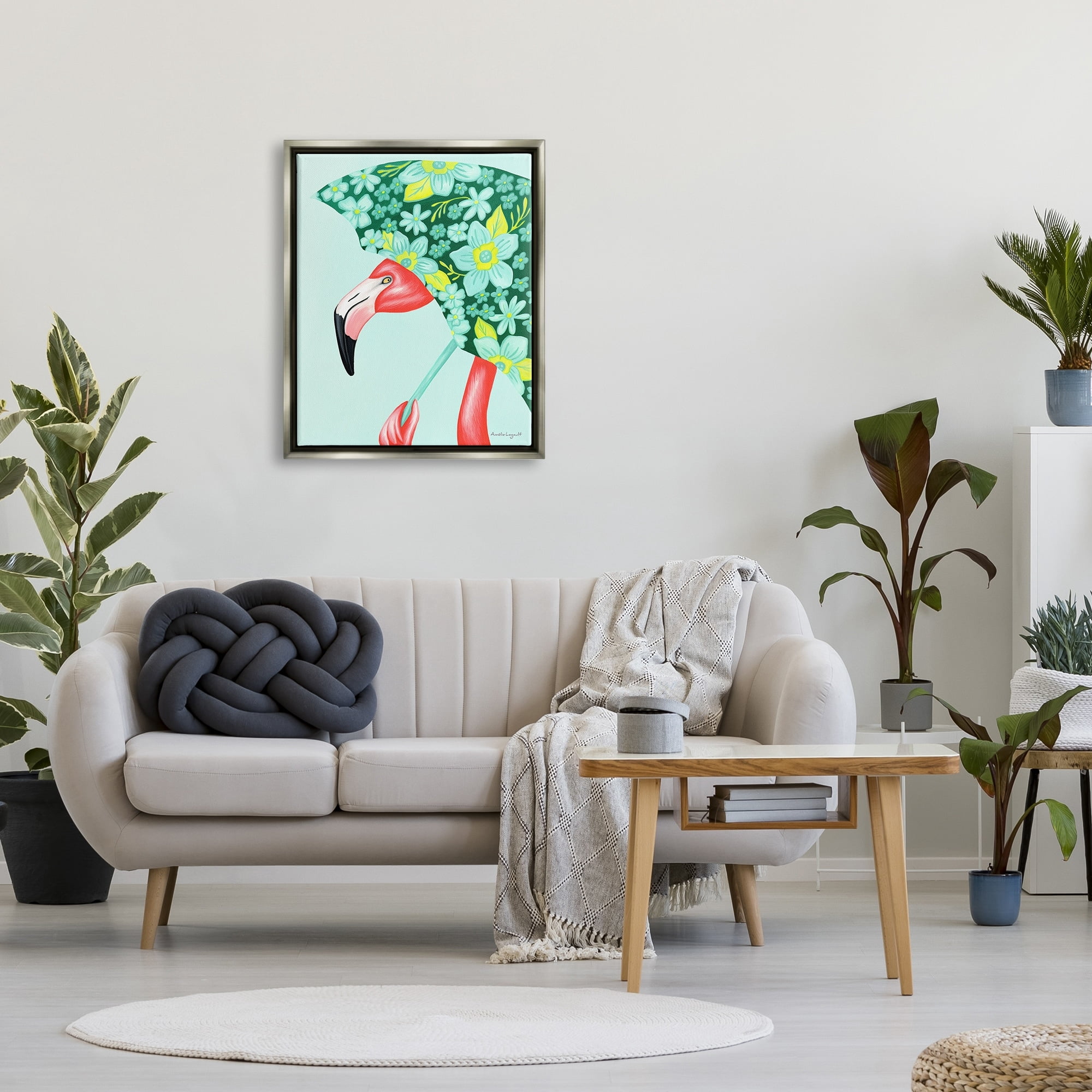 Stupell Industries Summery Pink Flamingo Floral Petal Patterned Umbrella Graphic Art Luster Gray Floating Framed Canvas Print Wall Art, Design by Amelie Legault