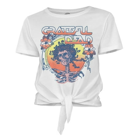 Ripple Junction Grateful Dead Juniors Bertha Sci-Fi Font Tie Front Light Weight 100% Cotton Crew T-Shirt White
