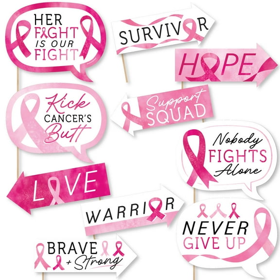 Big Dot of Happiness Pink Ribbon - Breast Cancer Awareness Photo Booth Props Kit - 10 Piece