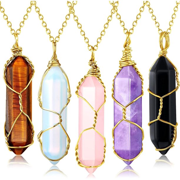 5 collares de cristal, piedras curativas, colgante espiritual, joyería de piedras preciosas naturales con cadena ajustable para mujeres y niñas