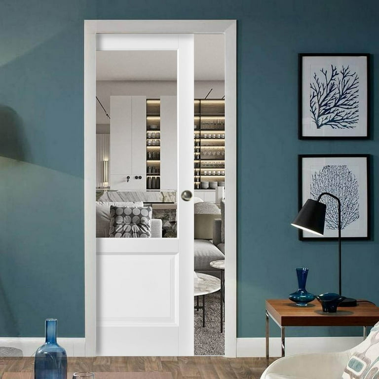 Sliding French Pocket Door with | Lucia 1533 White Silk with Clear