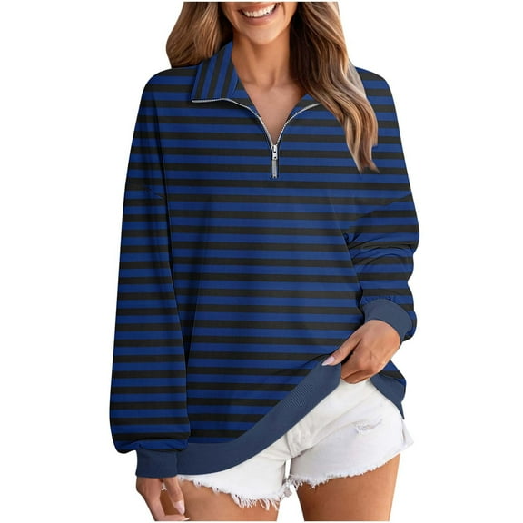 ClodeEU Womens Plus Size Striped Sweatshirts ,Long Sleeve Lapel Collared Pullover, Casual Soft Pullover Tops Shirts Dark Blue,Womens Plus L