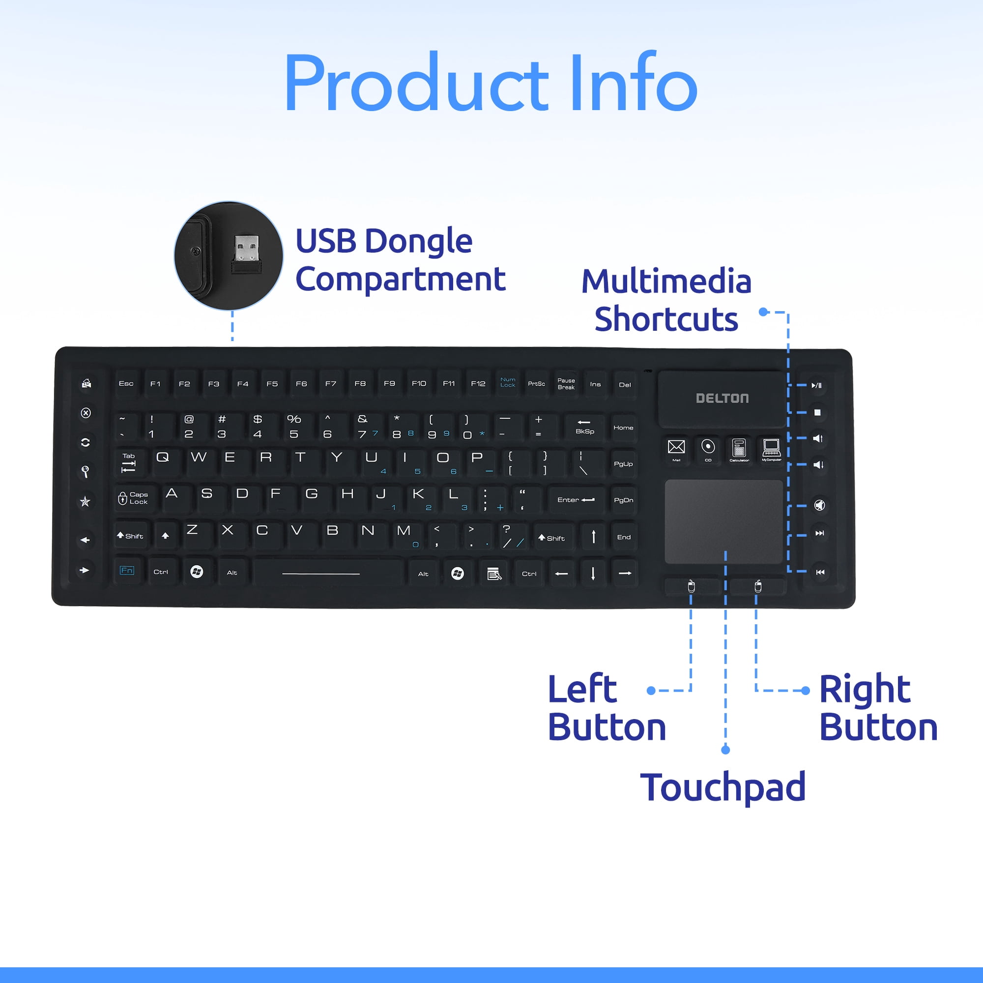 Delton M90 Wireless Computer Keyboard with Touchpad, 109 Standard Keys, IP65 Water-Resistant Silicone Keyboard for PC, Laptop and Tablet, Black