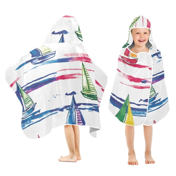 Yayeee Kids Hooded Towels Toddler Soft Absorbent Beach Bathing Wrap 50" x 23.5", Hand Drawn Sailboats