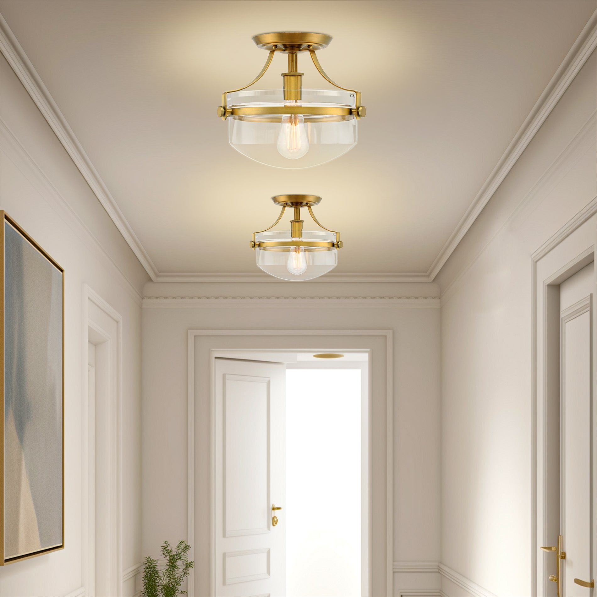 Kira Home Zurich 12" Rustic Farmhouse Semi-Flush Mount Ceiling Light + Glass Shade, Warm Brass Finish