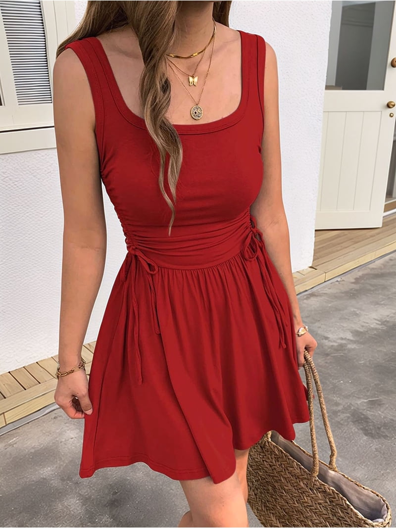 adjustable ruched dress Women'S Sleeveless Summer for Mini Dress Adjustable Drawstring Ruched Waist  Tie Casual Sundress Brown M