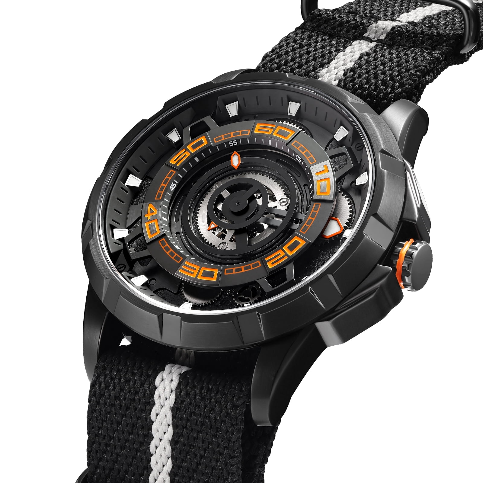 BERNY Mens Skeleton Automatic Watch, Luxury Fashion Self Winding Mechanical Watch with Nylon Strap, Exhibition Caseback, Sapphire Crystal, Luminous 50M Waterproof Watches for Mens Gifts (Black)