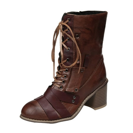 

Fsqjgq Fleece Lined Boots Women Wide Width Ladies Fashion Vintage Colorblock Leather Lace Up Side Zip High Heel Short Boots Suede Boots for Women Low Heel Brown 42