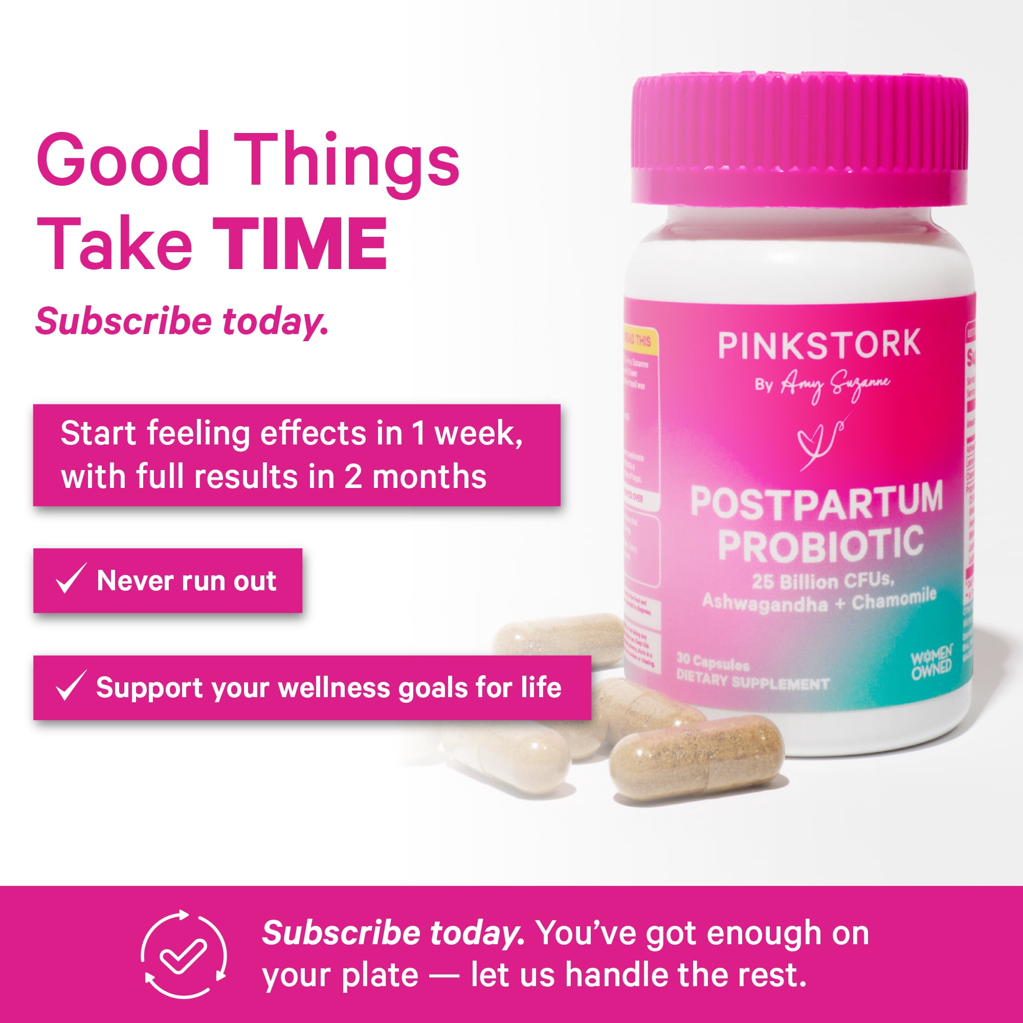 Pink Stork Postpartum Probiotics for Women with Ashwagandha and Chamomile, 30 Capsules