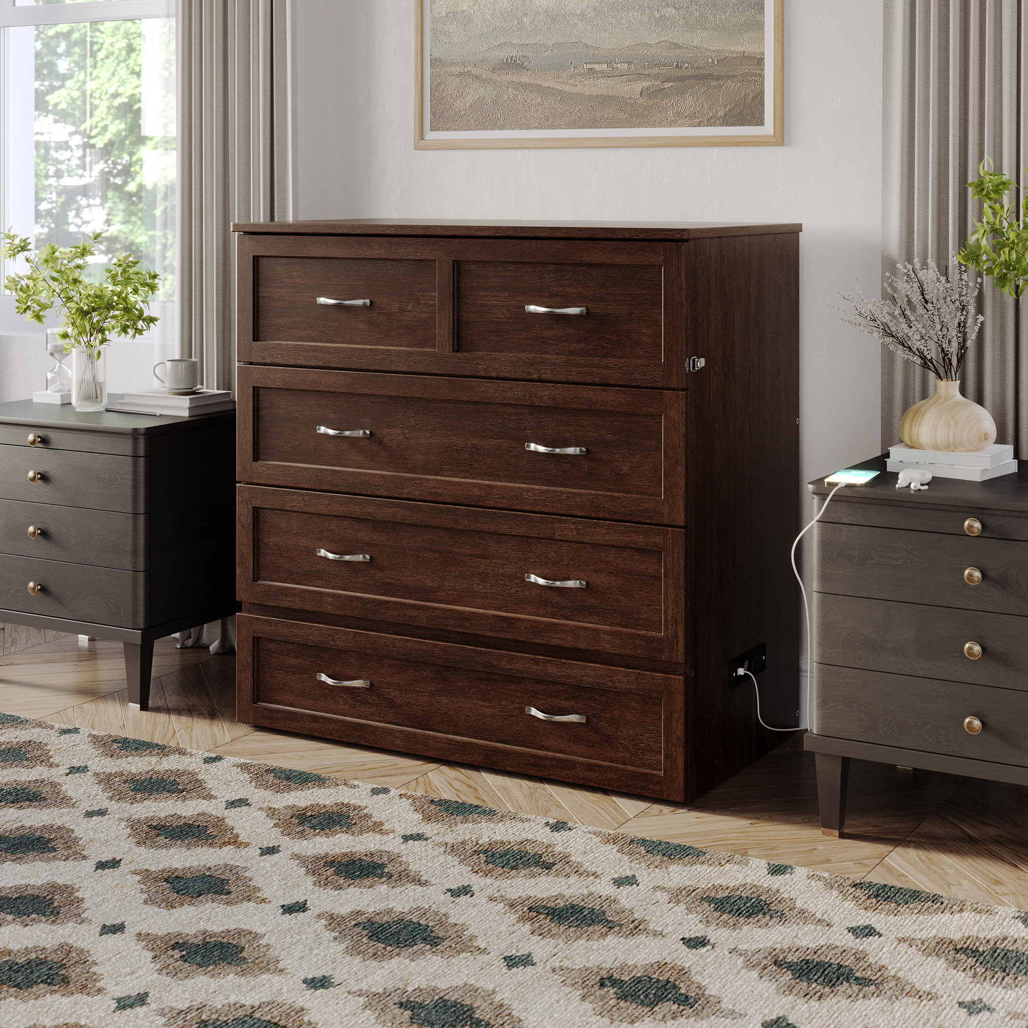 AFI Northfield Twin XL Wood Murphy Bed Chest with Mattress, Drawer & Charger, Burnt Amber