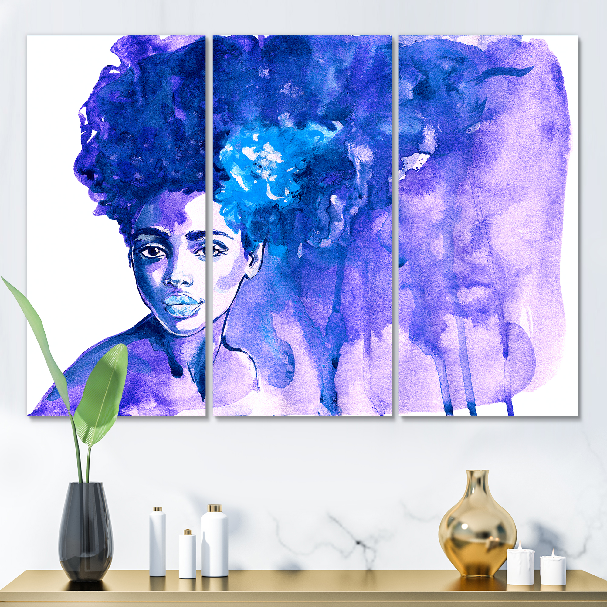 Designart ' Glorious Blue Portrait of Afro American Woman ' Modern Canvas Wall Art Print