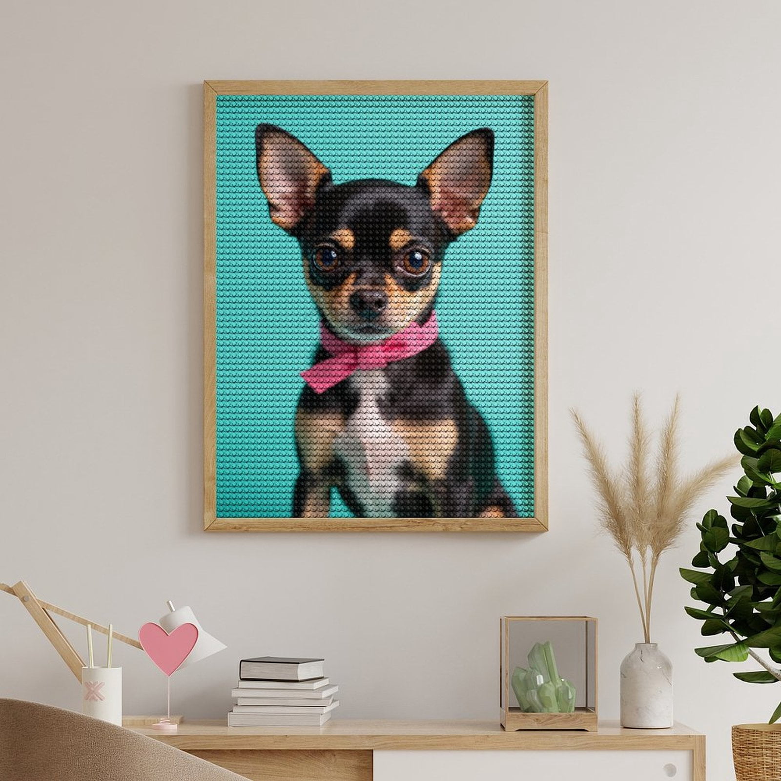 Diamond Art Kits for Adults, Small Dog Pink Ribbon Portrait 5D Diamond Painting Kits for Adults Beginners, DIY Full Drill Diamond Painting, Gem Art and Crafts 12x16
