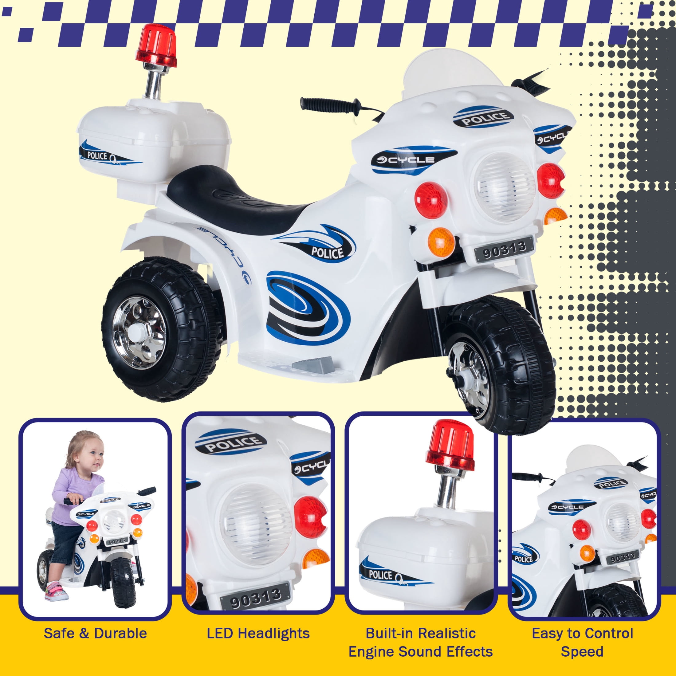 Lil' Rider 3-Wheel Kids Motorcycle with Police Decals - For Ages 3 to 6