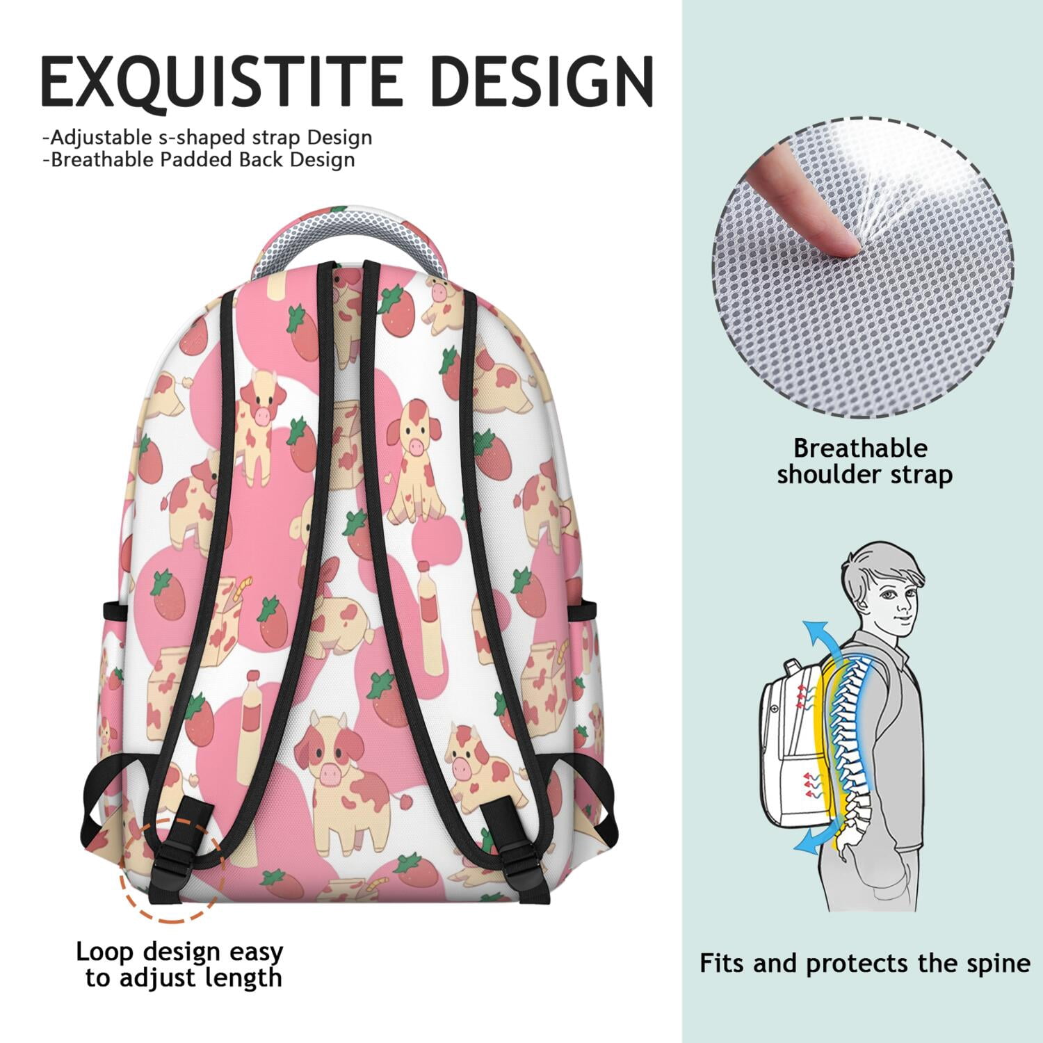 Pink Cow and Strawberry Print Backpack for School,Schoolbag with Adjustable Shoulder Straps & Padded Back,15.3"x11"x7.1".