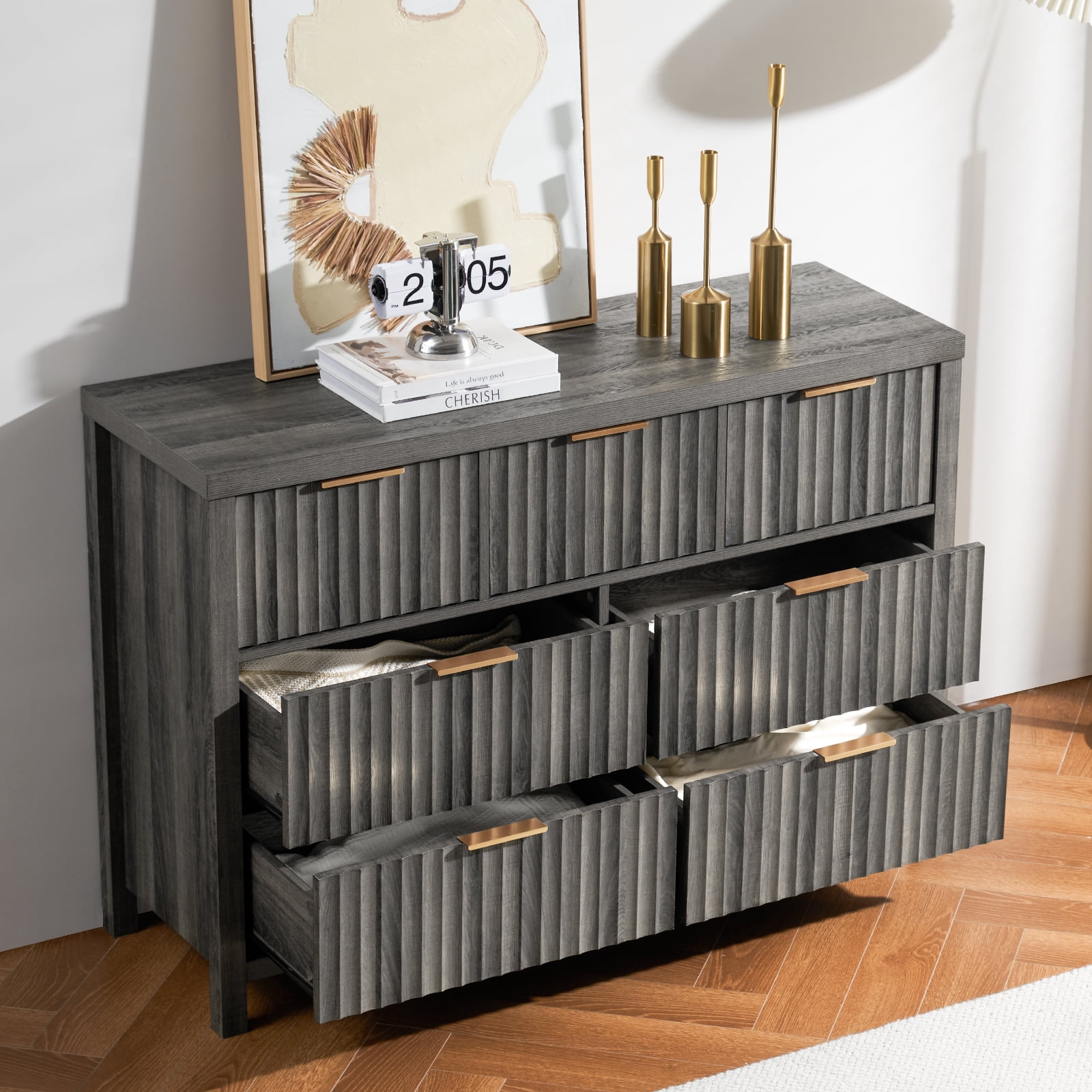 OAKHAM 7 Drawer Dresser, Fluted Wide Chest of Drawers for Bedroom Living Room, Midnight Oak