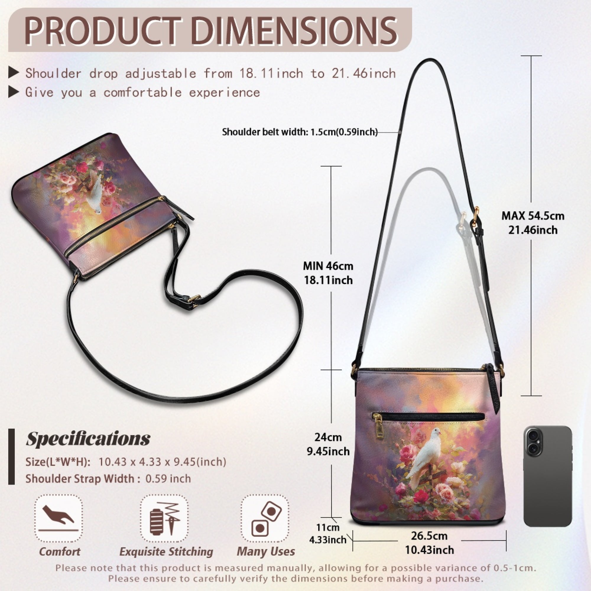 Kuiaobaty Pigeon Cross Rose Print Crossbody Bag for Women Trendy, Roomy Casual Vegan Leather Sling Handbag Crossbody, Lightweight Zipper Hobo Purse with Adjustable Strap for Travel