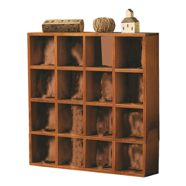 Estante de exhibición de 16 rejillas para la decoración del dormitorio del hogar, vitrina de figuras de madera retro montada en la pared