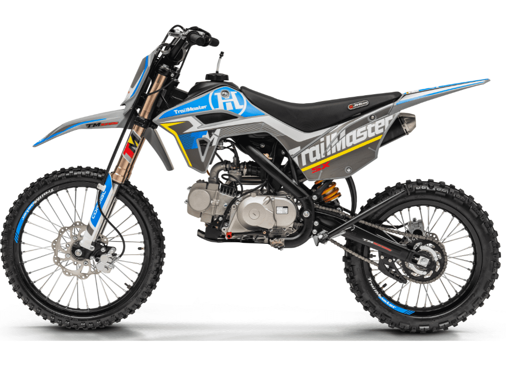 Trailmaster SX125 Dirt Bike, 124cc, Max Speed 50 mph, Ages 16+, 4-Speed Manual, Air-Cooled Engine, Electric & Kick Start, 19/16 Tires, 32.7" Seat Height (Blue)
