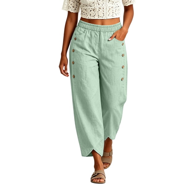 Neewe Womens High Waist Pants Wide Leg Ankle Casual Button Waist Vacation with Pockets Daily Outfits