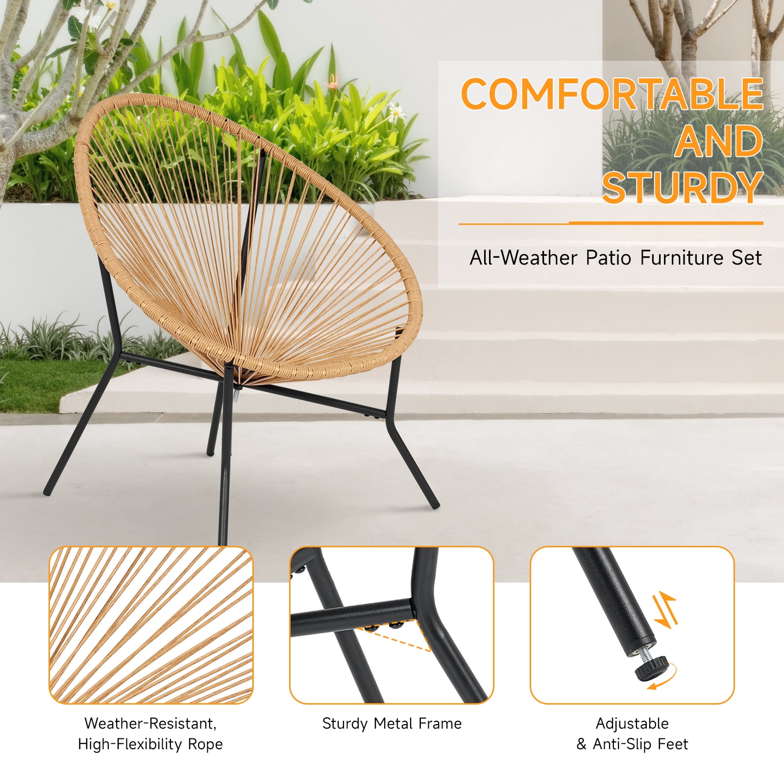 Dovov 3 Piece Patio Acapulco Furniture Bistro Set, Outdoor Bistro Set Acapulco Chairs All-Weather Rattan Wicker Chairs with Plastic Rope and Coffee Table, Beige