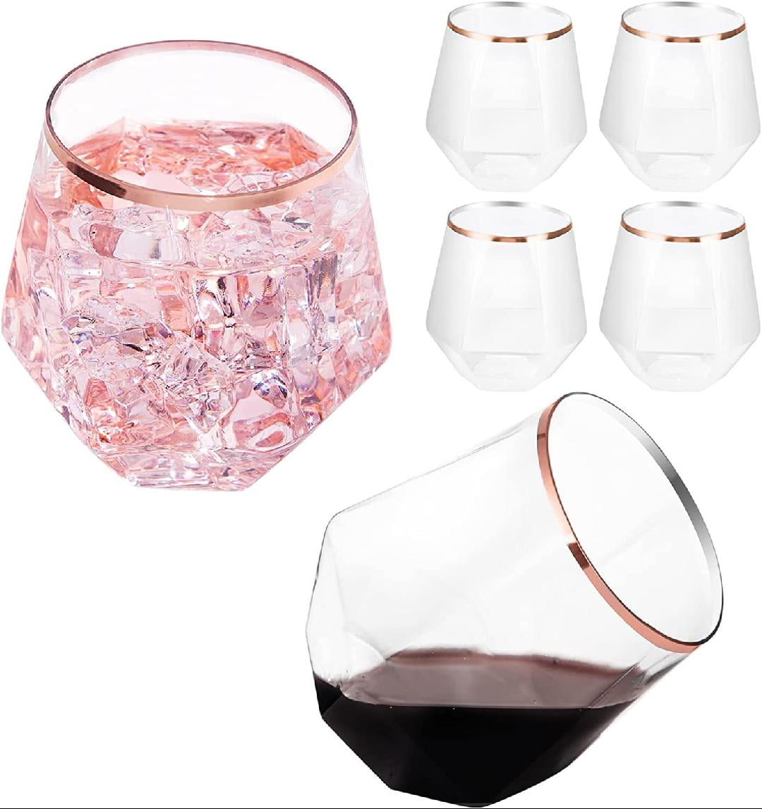 Rose Gold Diamond Shaped Plastic Stemless Wine Glasses Set of 24