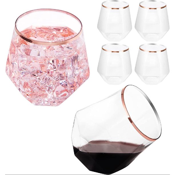Rose Gold Diamond Shaped Plastic Stemless Wine Glasses Set of 24