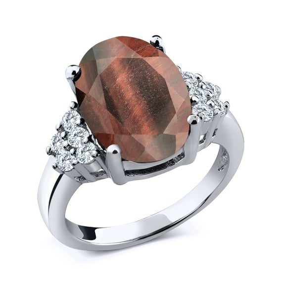 Gem Stone King 4.38 Ct Oval Red Tiger Eye E-F Lab Grown Diamond 925 Sterling Silver Ring (Size 6)