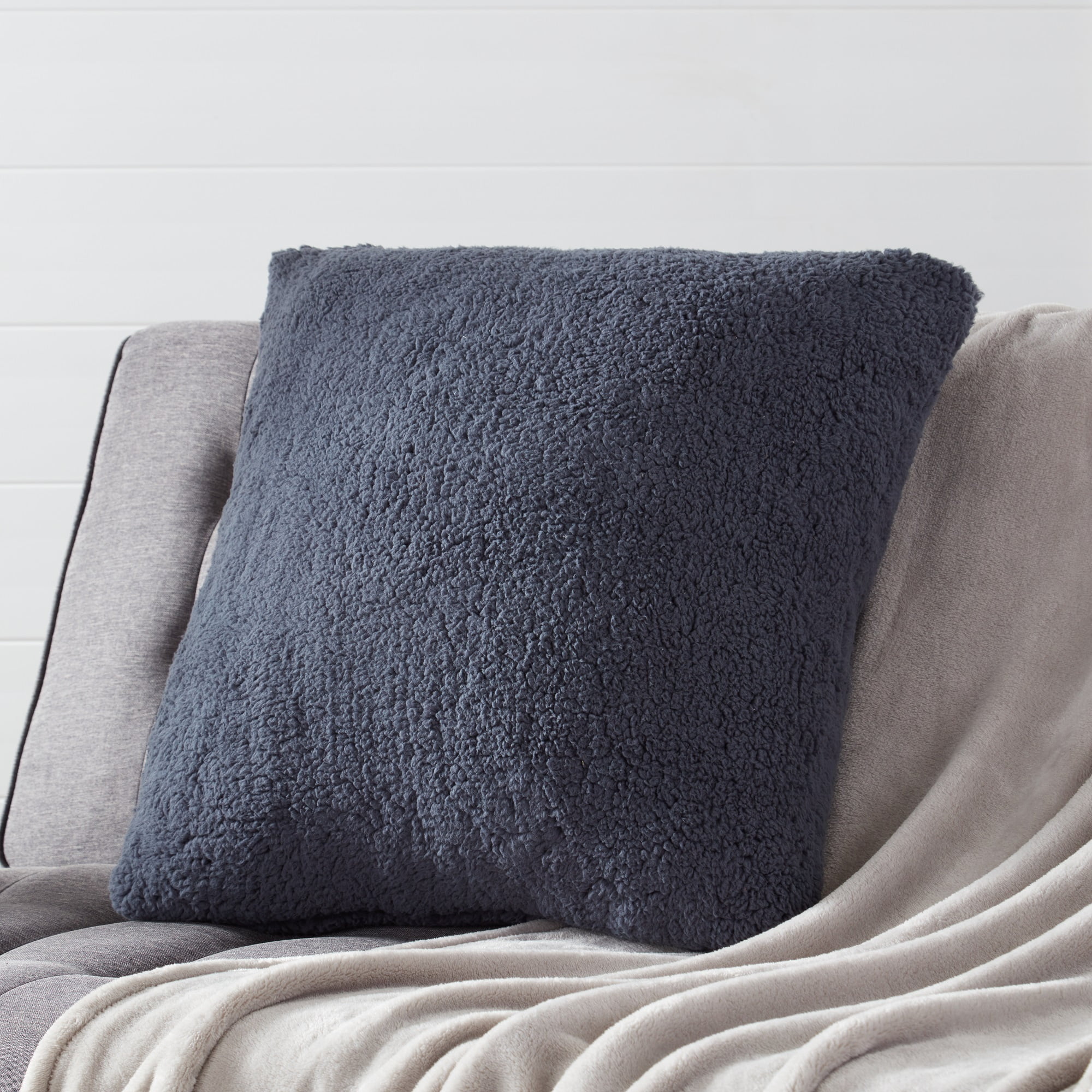 24 in. Square Sherpa Throw Pillow Cover in Blue Steel