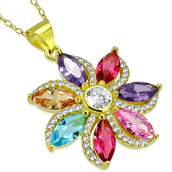 925 Sterling Silver Multicolor CZ Flower Floral Bright Pendant Necklace, 18"