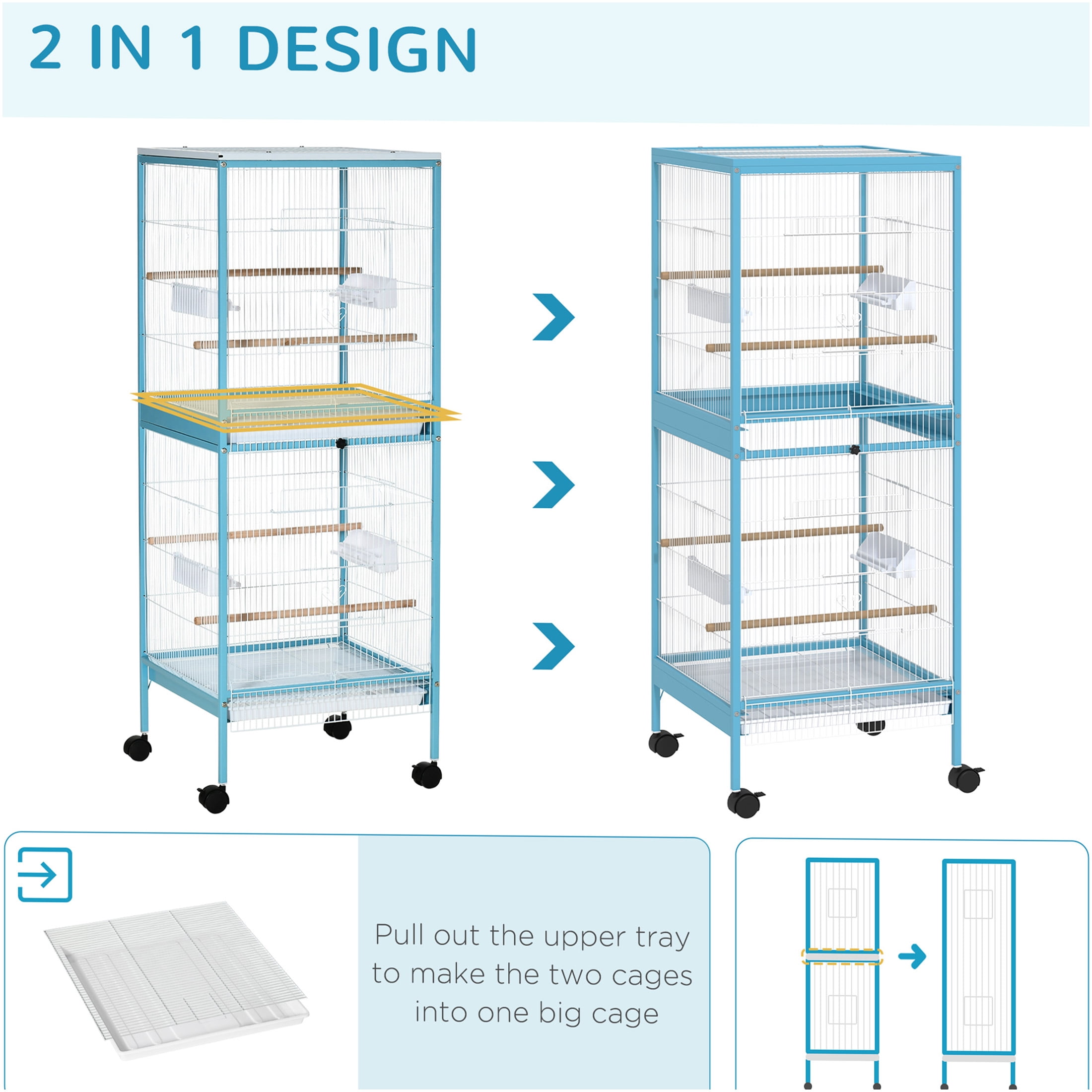 JERFIT 55" Light Blue Large Bird Cage for Conures, Finches & Canaries, Wide 20.5" Flight Aviary with 4 Doors, Wheels & Removable Tray