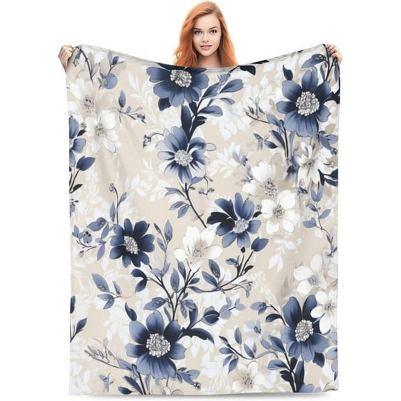 Chinoiserie Blue Floral Style Blanket Soft Flannel Colorful Decorative Throw Blanket Holiday Square Birthday Blanket for Easter Gifts Home Couch Sofa Bed Room 80"X60" Blanket A6435