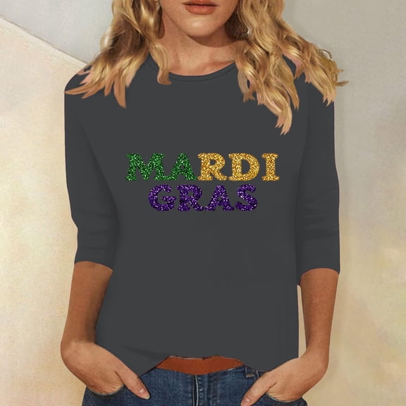 Women's Mardi Gras Shirts Carnival Printed 3/4 Sleeve Casual Round Neck Loose T-shirt Gray M