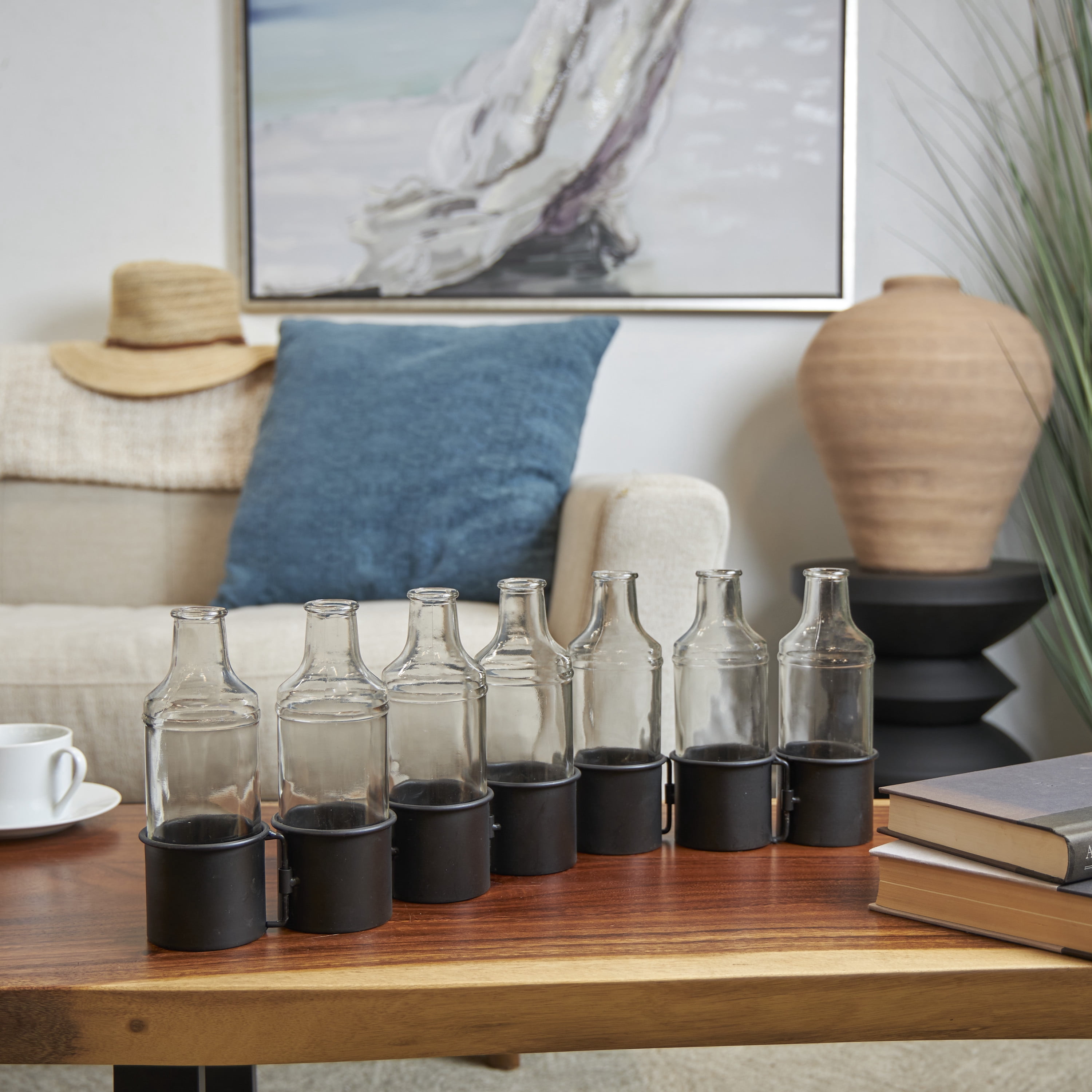 DecMode 8" Adjustable Bottle Black Metal Vase with Clear Glass Bottles