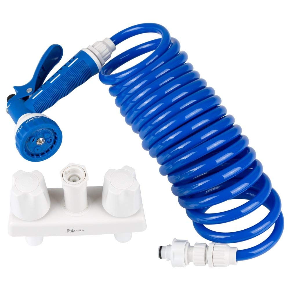 RV Exterior Spray Faucet w/ Coil Hose & Multi Spray Nozzle White/Blue