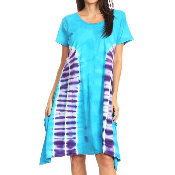 Sakkas Sirena Women's Short Sleeve Loose Plain Midi Casual Scoop Neck Flared Dress - Turq - One Size